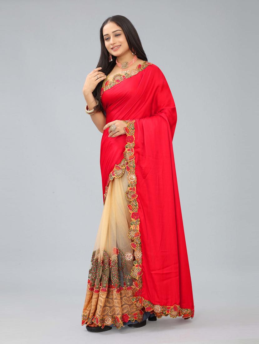 red & beige half & half saree with blouse - 20620548 - Standard Image - 1