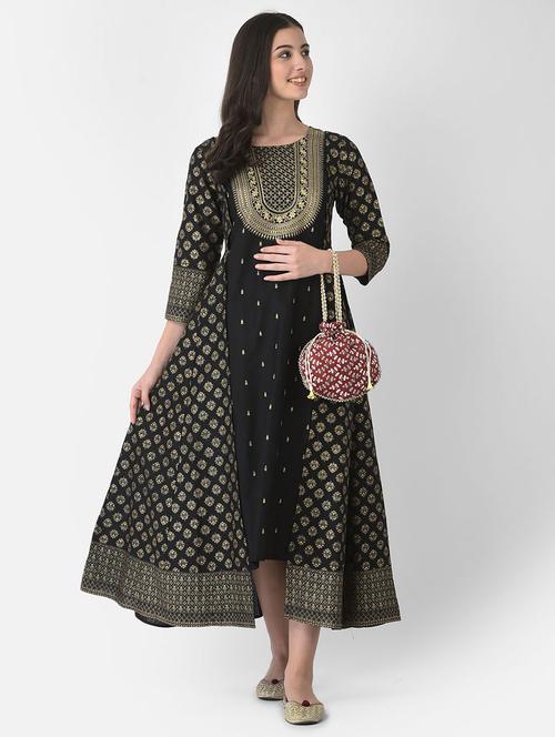 black three quarter sleeve a-line kurta - 20620626 - Standard Image - 0