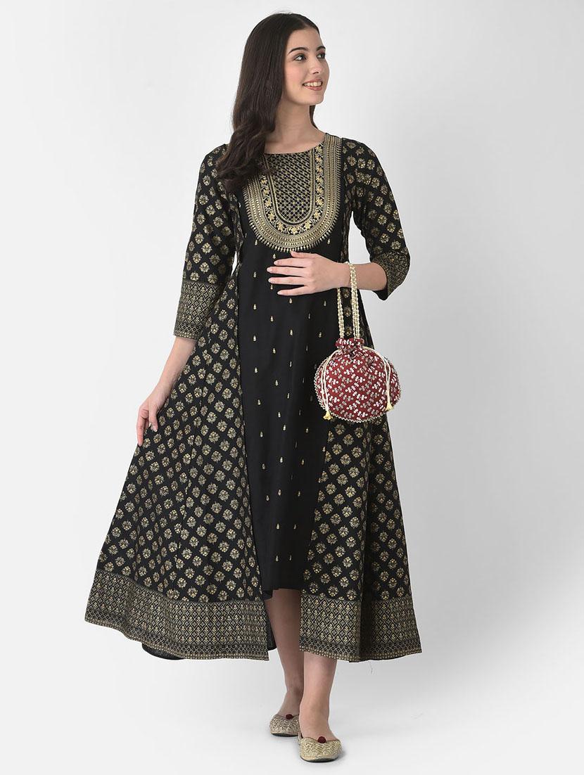 black three quarter sleeve a-line kurta - 20620626 - Zoom Image - 0