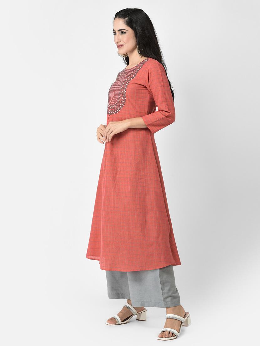 red three quarter sleeve a-line kurta - 20620634 -  Standard Image - 1