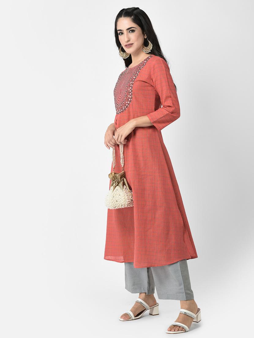red three quarter sleeve a-line kurta - 20620634 - Standard Image - 4