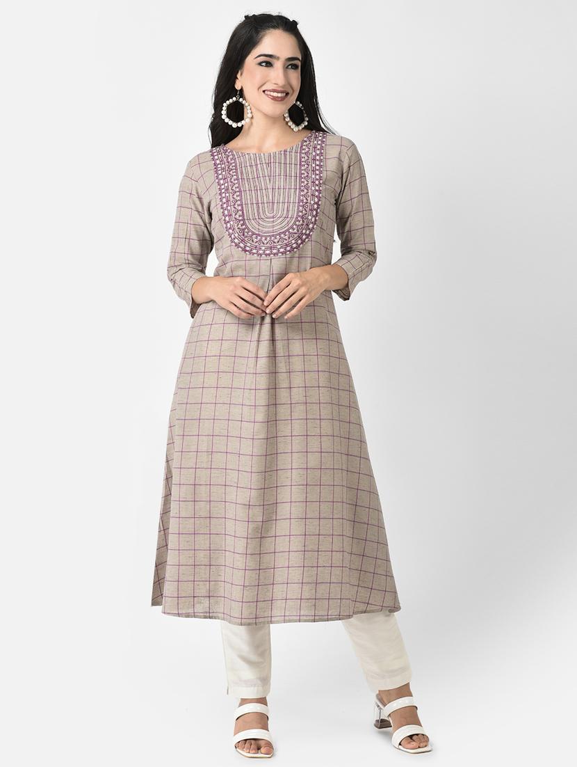 women beige round neck a-line kurta