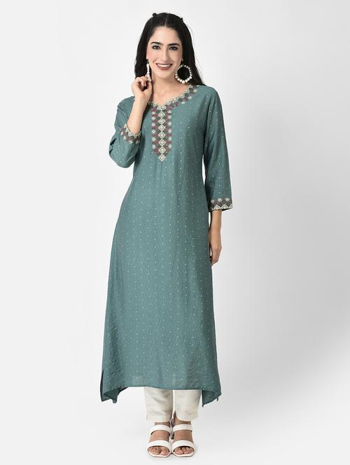 teal three quarter sleeve a-line kurta - 20620637 - Standard Image - 0