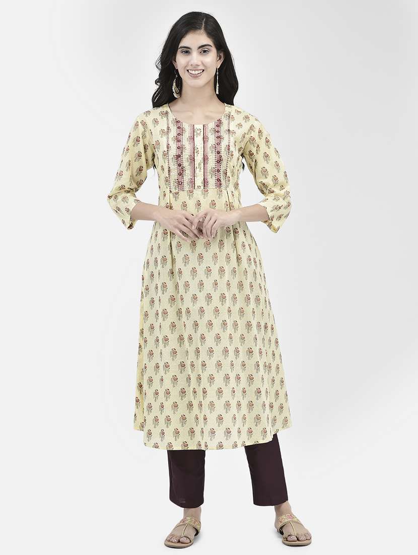 yellow three quarter sleeve a-line kurta
