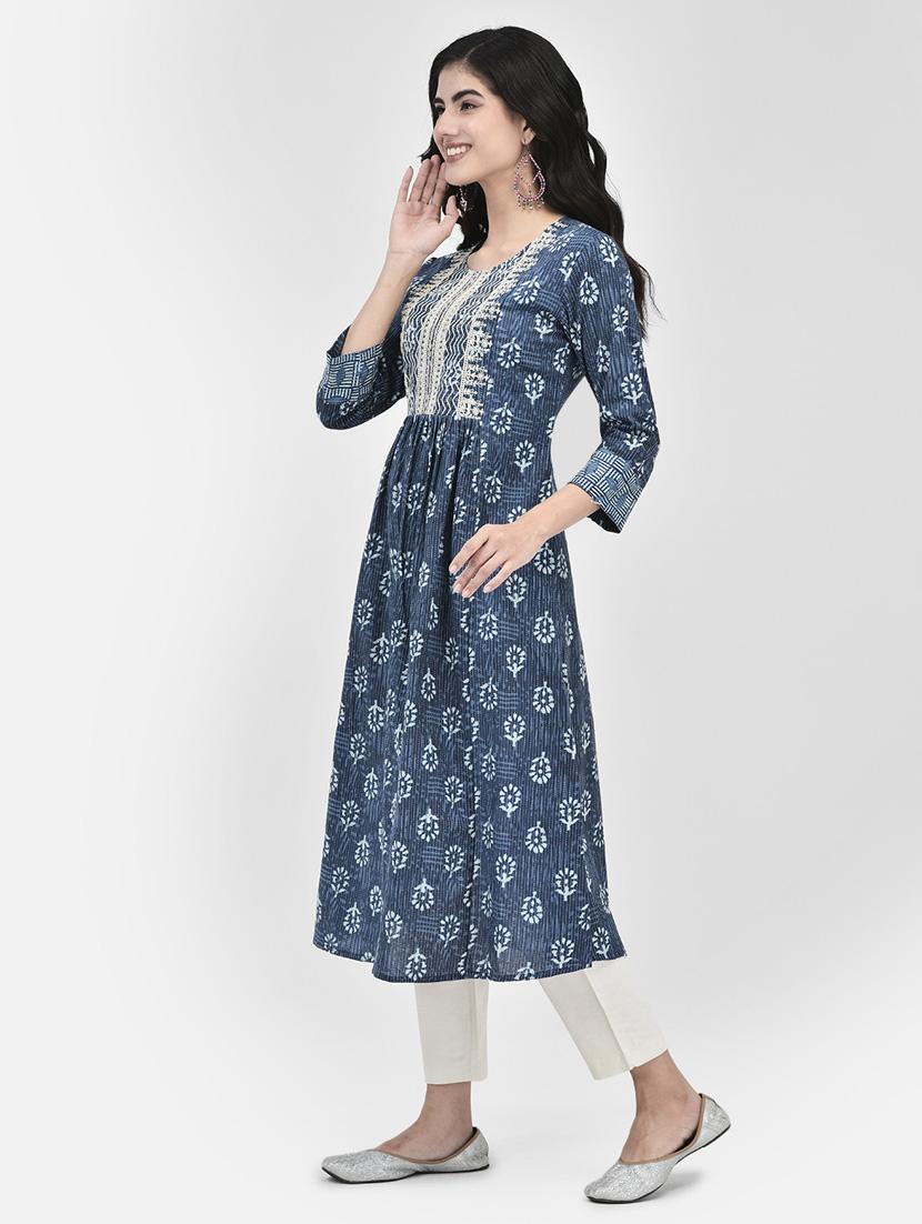 navy blue three quarter sleeve a-line kurta - 20620643 - Standard Image - 1