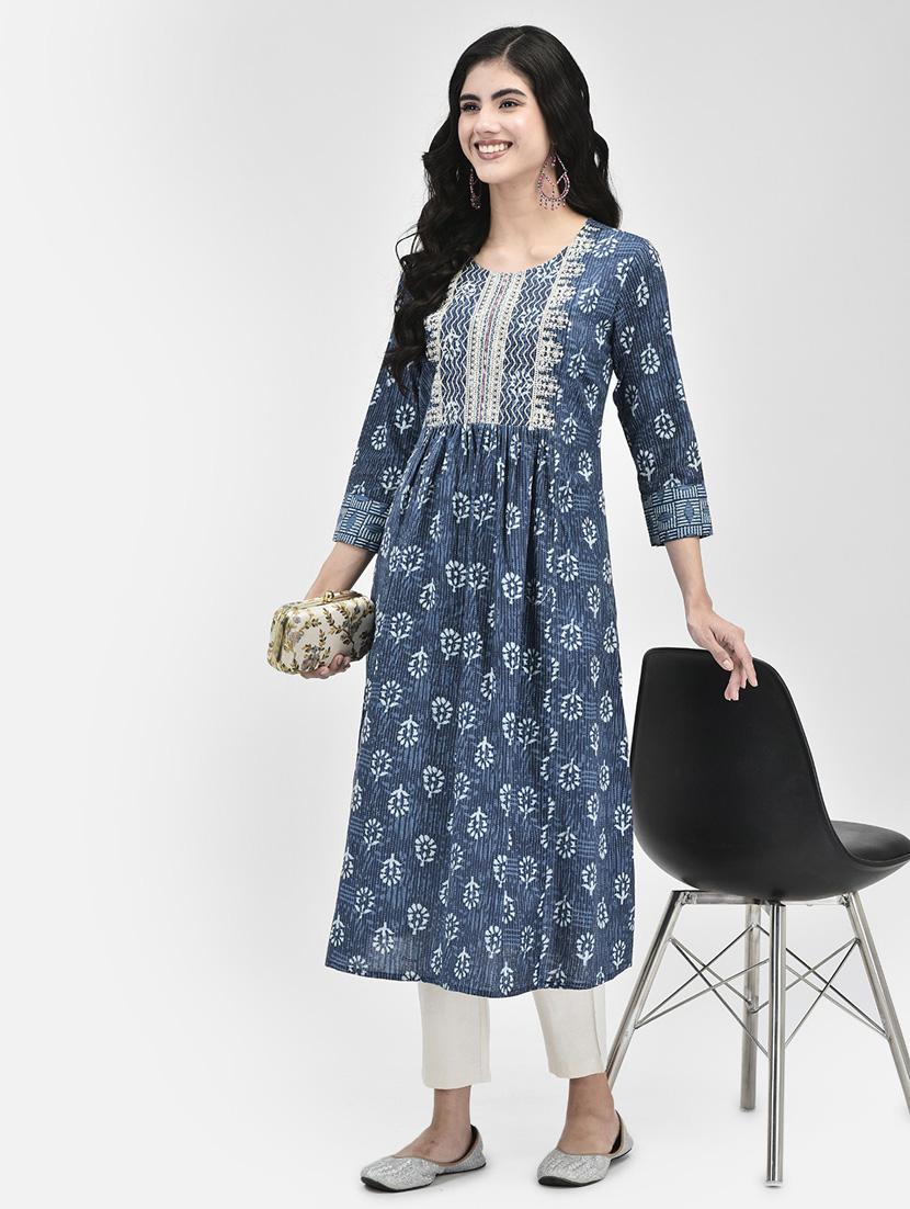 navy blue three quarter sleeve a-line kurta - 20620643 - Standard Image - 4