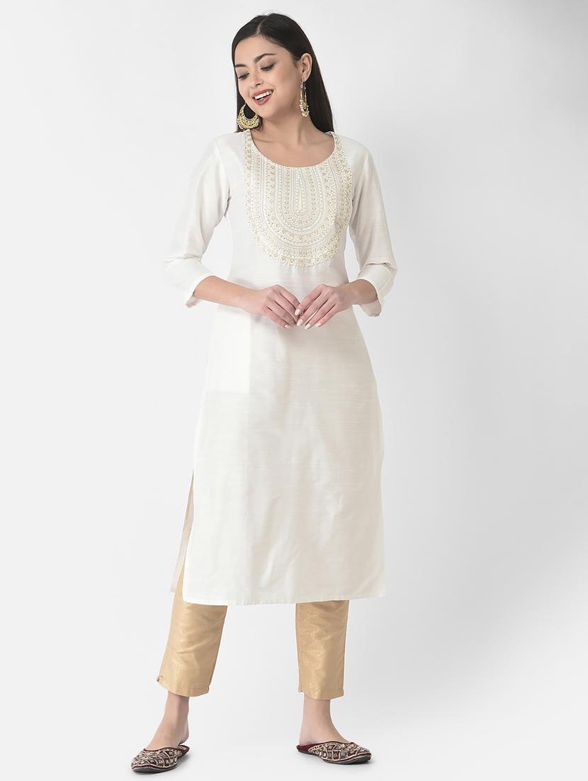 white three quarter sleeve straight kurta - 20621630 -  Zoom Image - 0