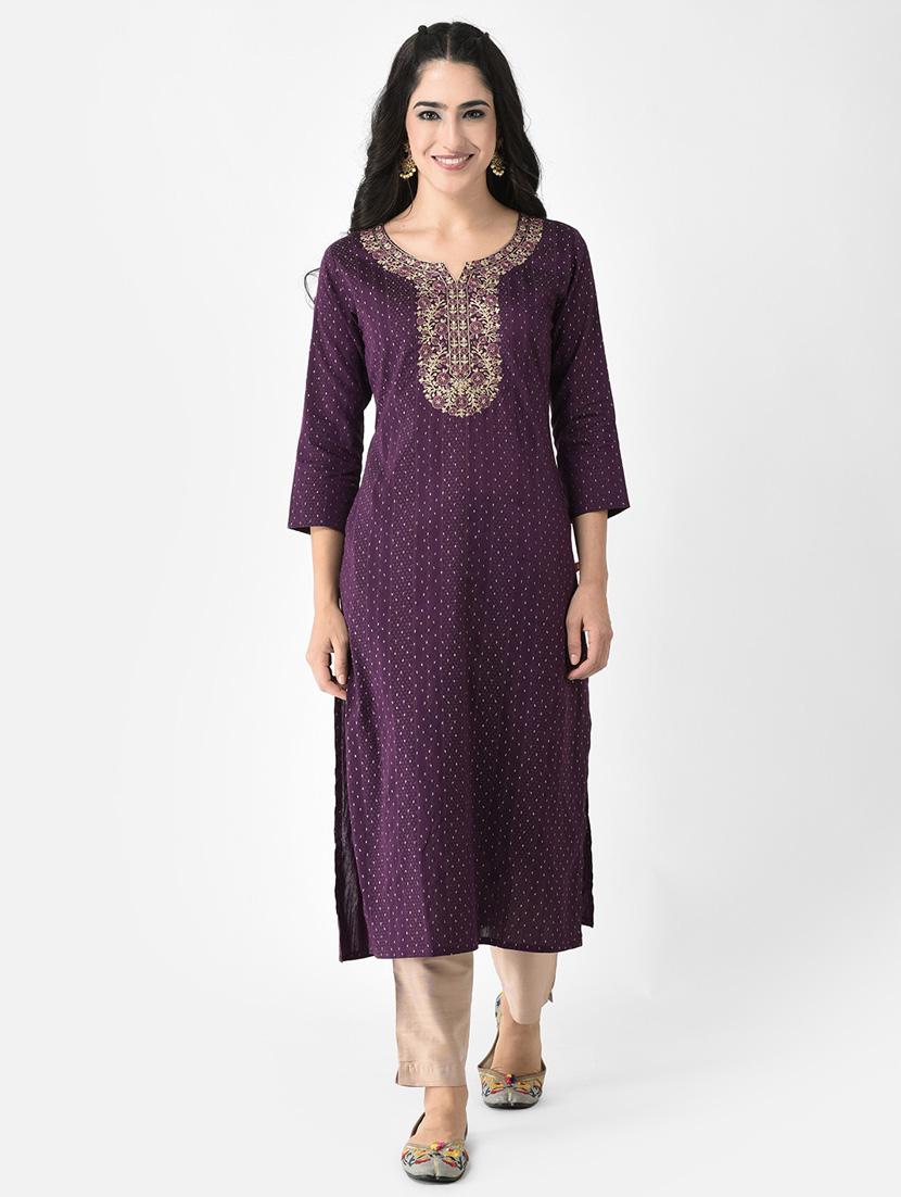 purple three quarter sleeve straight kurta