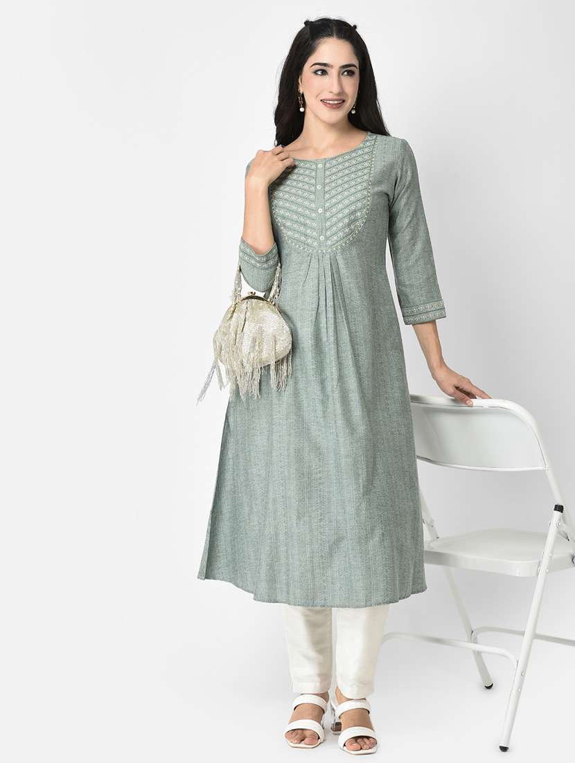 grey three quarter sleeve a-line kurta - 20621674 -  Zoom Image - 0