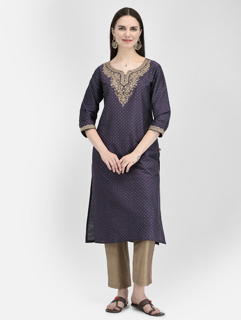 purple three quarter sleeve straight kurta - 20621676 - Standard Image - 4