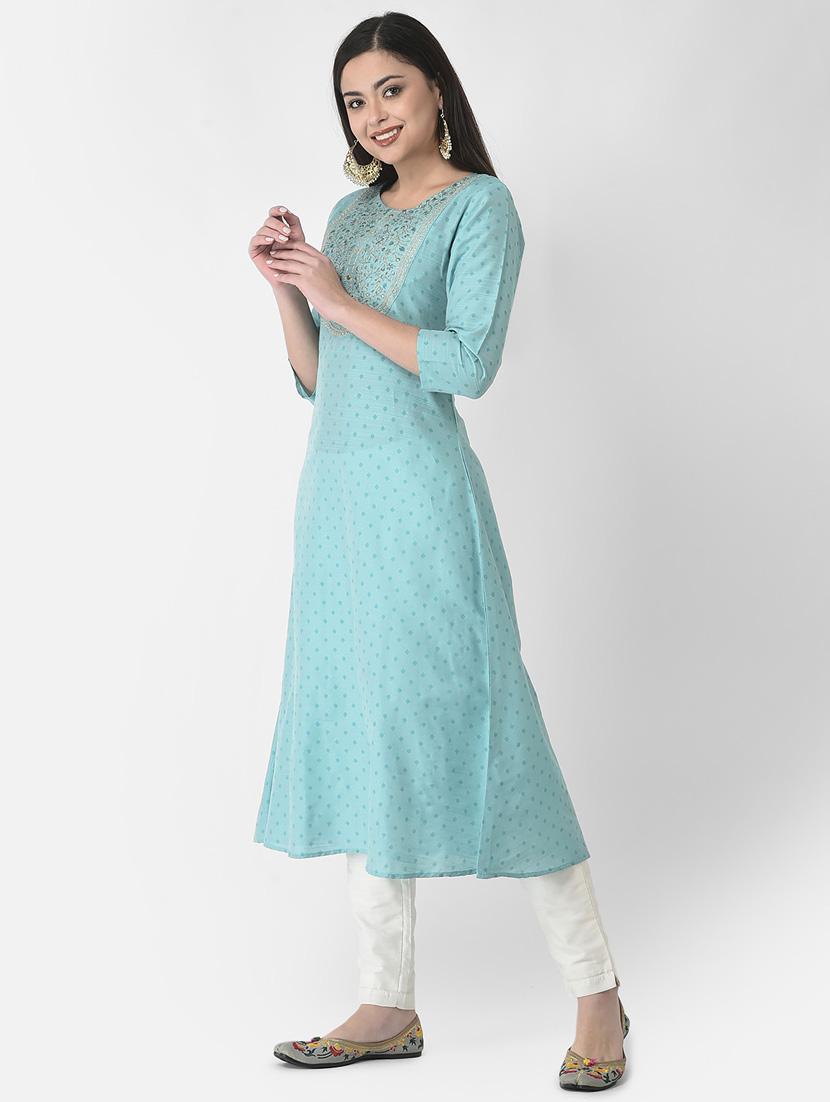 light blue three quarter sleeve a-line kurta - 20621677 - Standard Image - 1