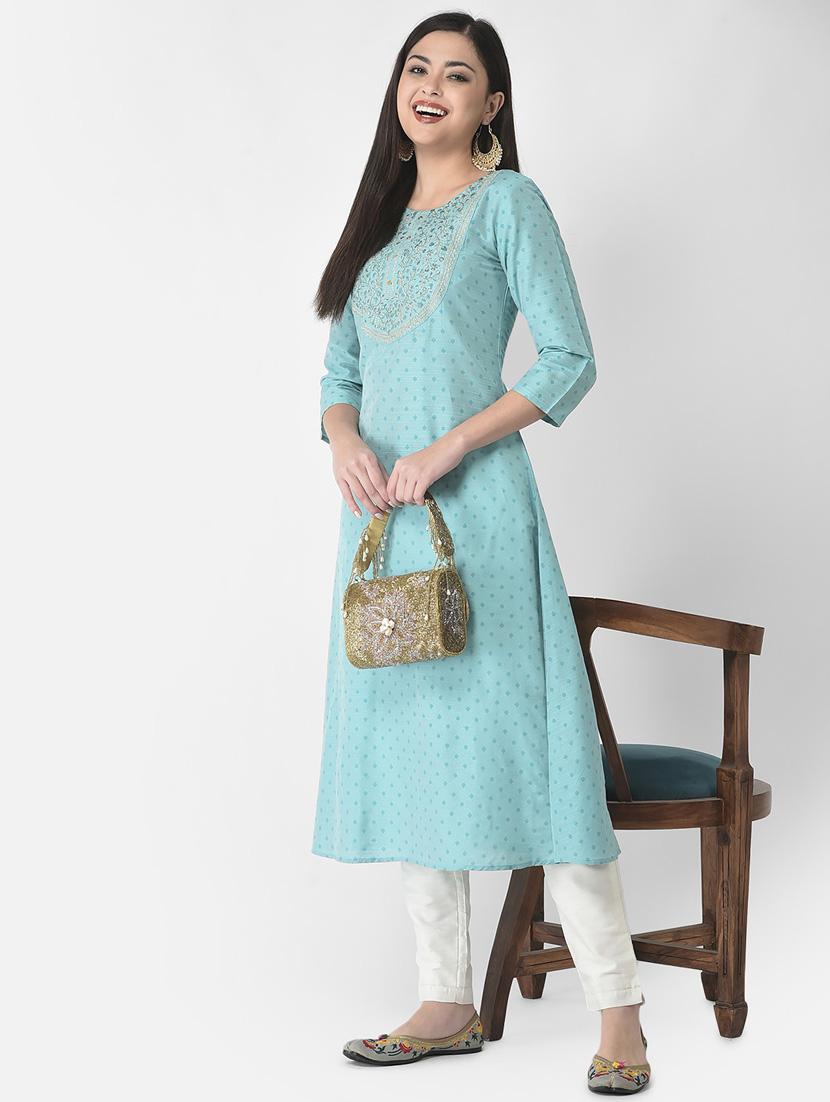 light blue three quarter sleeve a-line kurta - 20621677 - Standard Image - 4