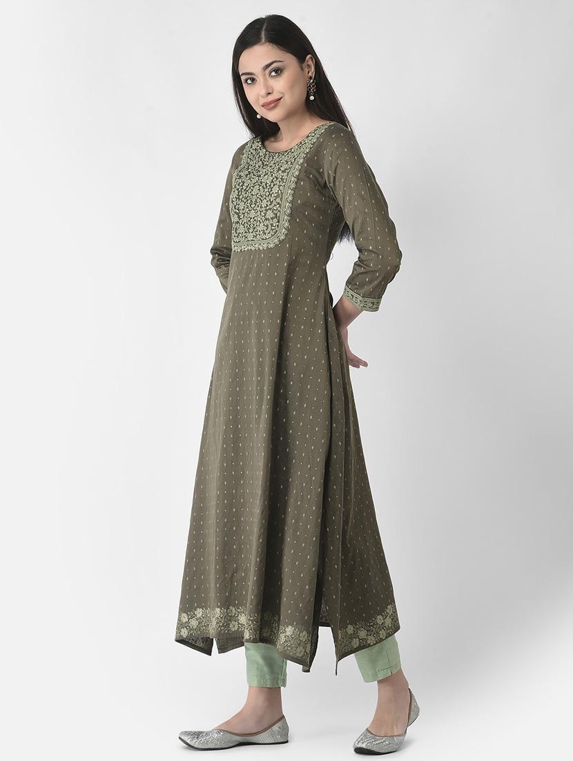 olive three quarter sleeve a-line kurta - 20621678 - Standard Image - 1