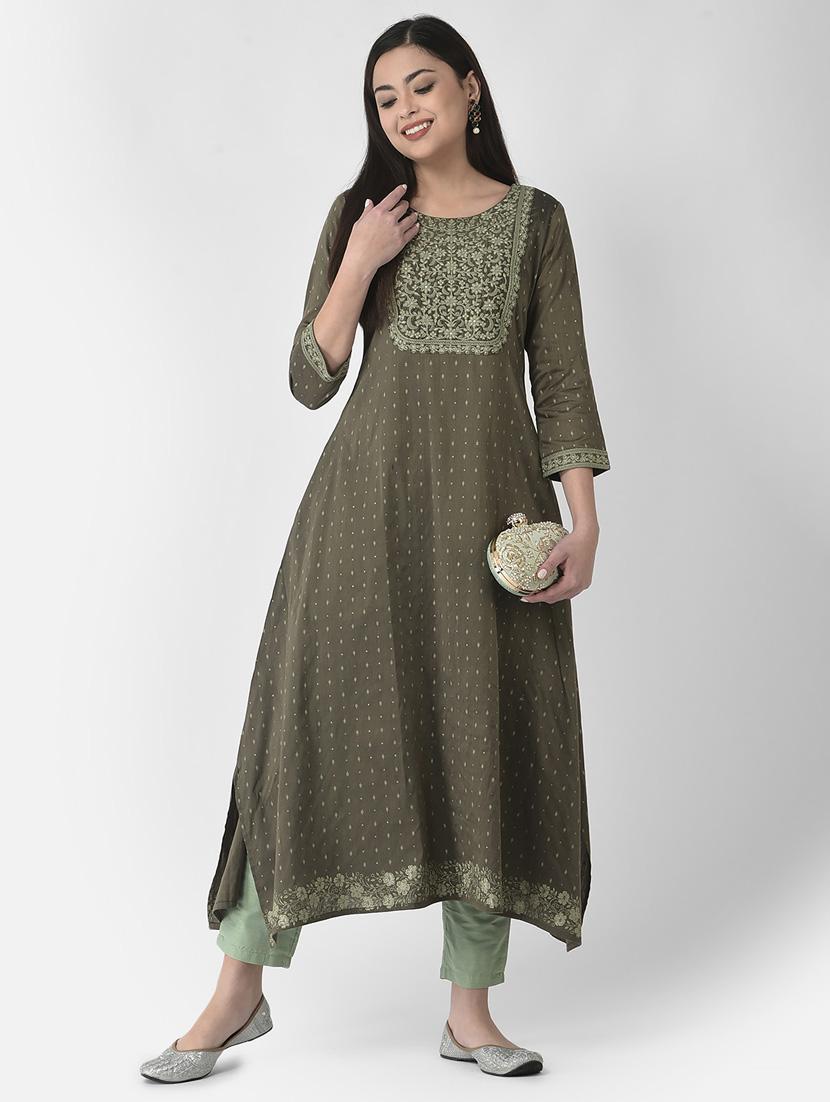 olive three quarter sleeve a-line kurta - 20621678 - Standard Image - 4
