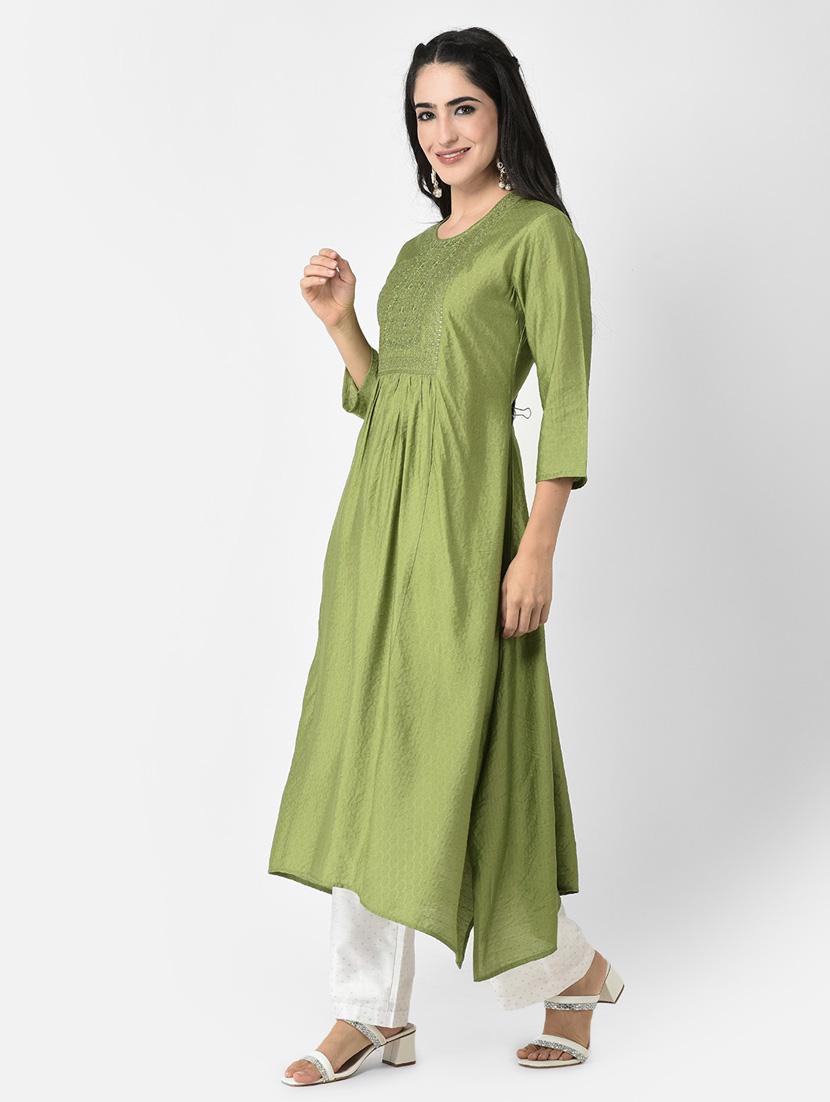 women green round neck a-line kurta - 20621688 - Standard Image - 1