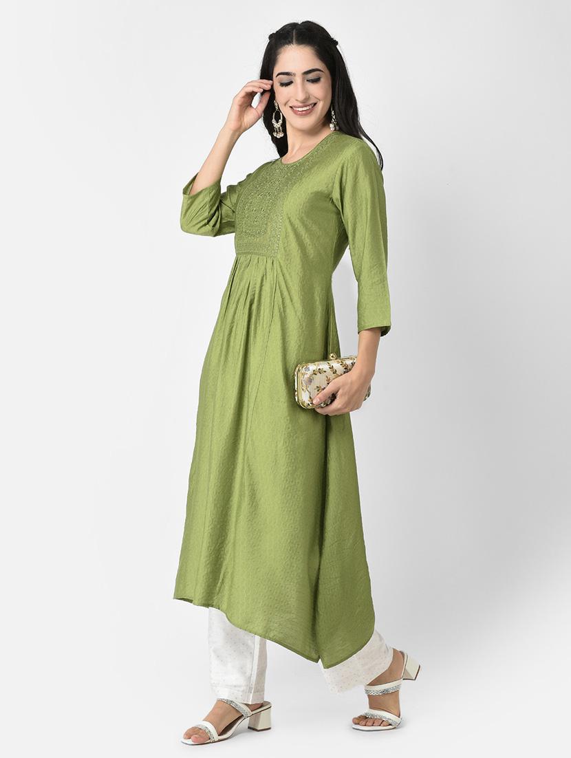 women green round neck a-line kurta - 20621688 - Standard Image - 4