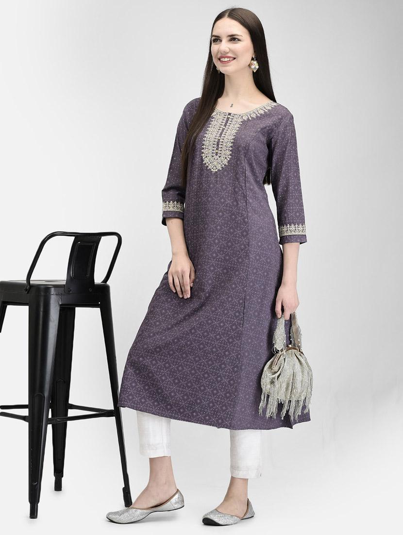 women grey round neck a-line kurta - 20621690 - Standard Image - 4