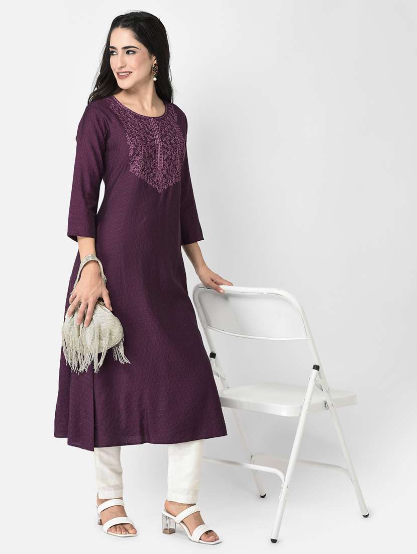 women purple round neck a-line kurta - 20621692 -  Standard Image - 4