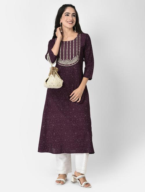 women purple round neck a-line kurta - 20621694 - Standard Image - 0
