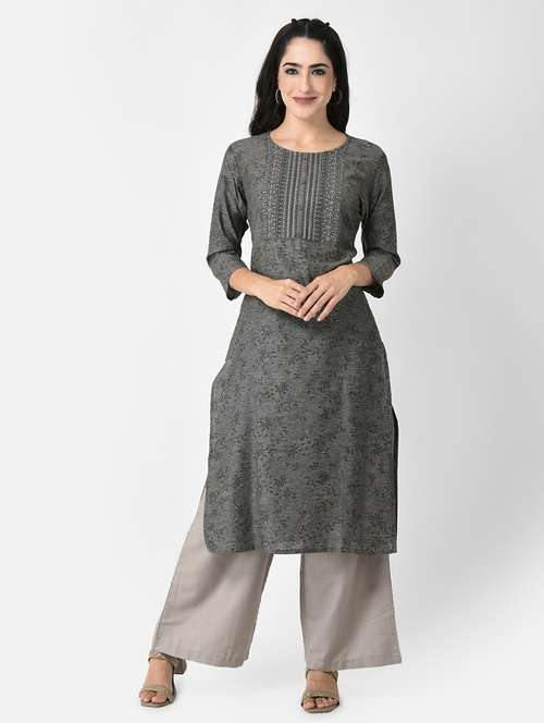 women grey round neck straight kurta - 20621695 -  Standard Image - 0