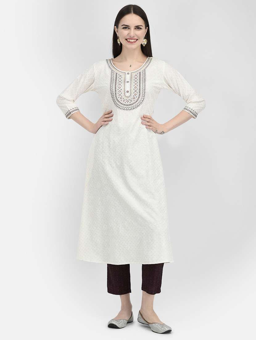 women white round neck a-line kurta - 20621698 -  Standard Image - 4