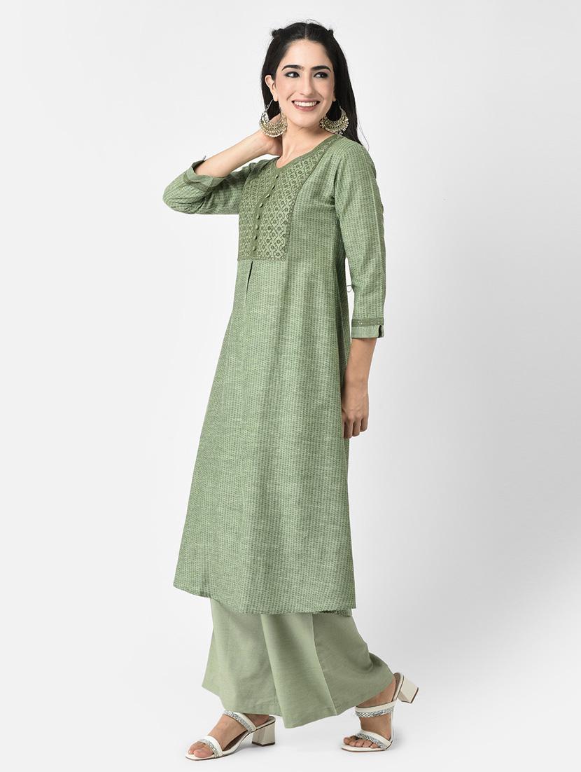 women green round neck a-line kurta - 20621701 - Standard Image - 1