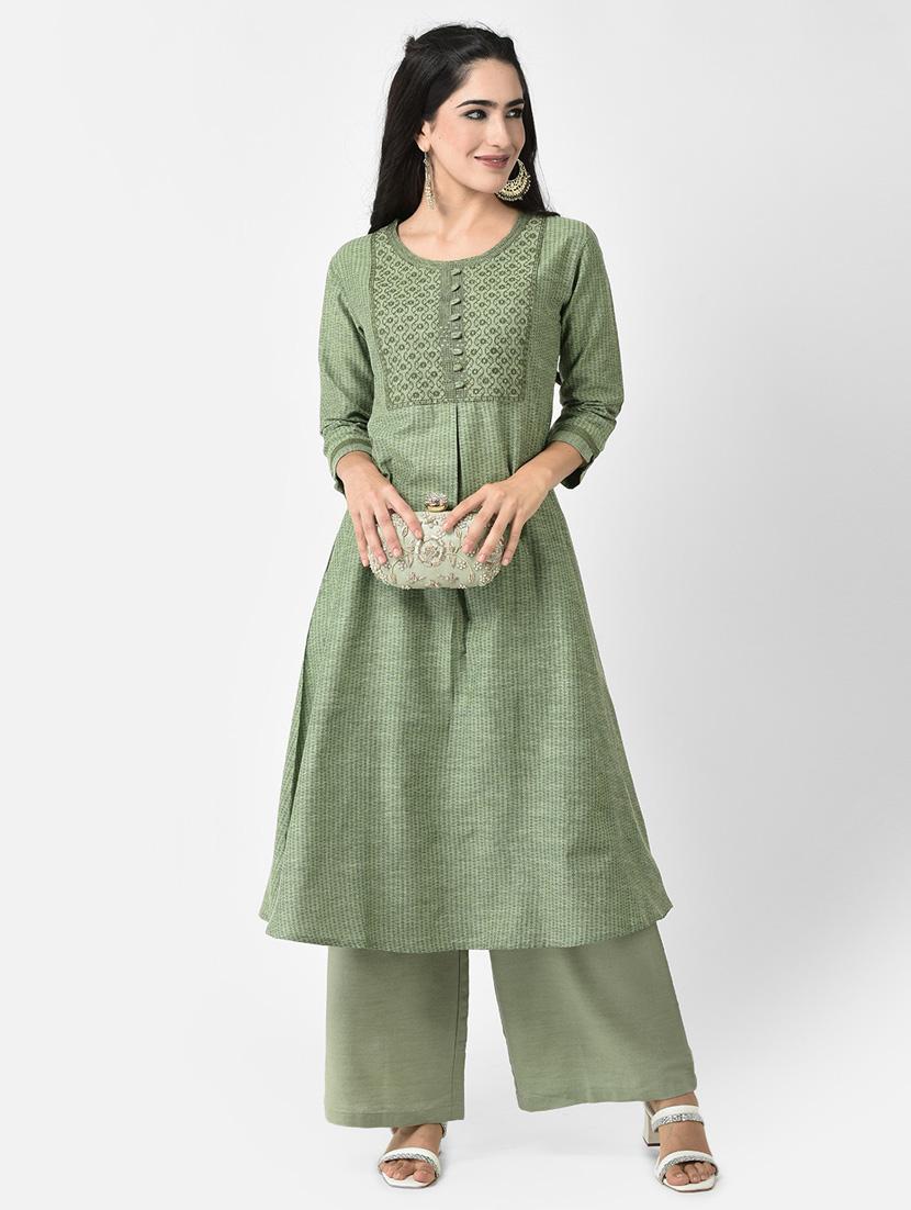 women green round neck a-line kurta - 20621701 - Standard Image - 4