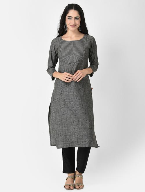 grey three quarter sleeve straight kurta - 20621703 -  Standard Image - 0