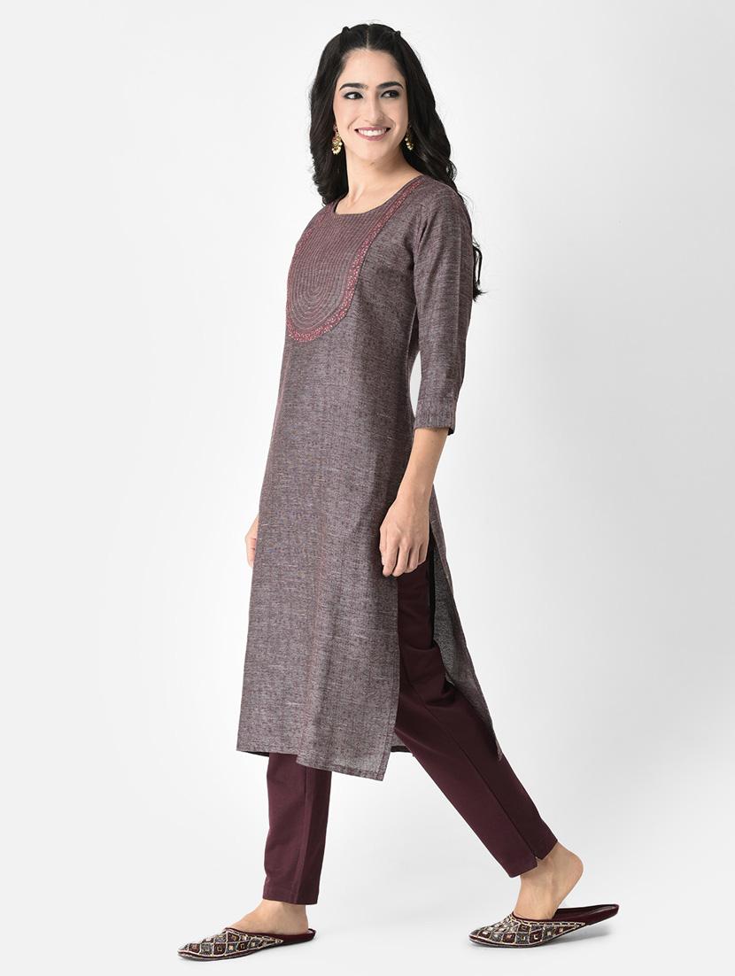 women grey round neck straight kurta - 20621704 - Standard Image - 1