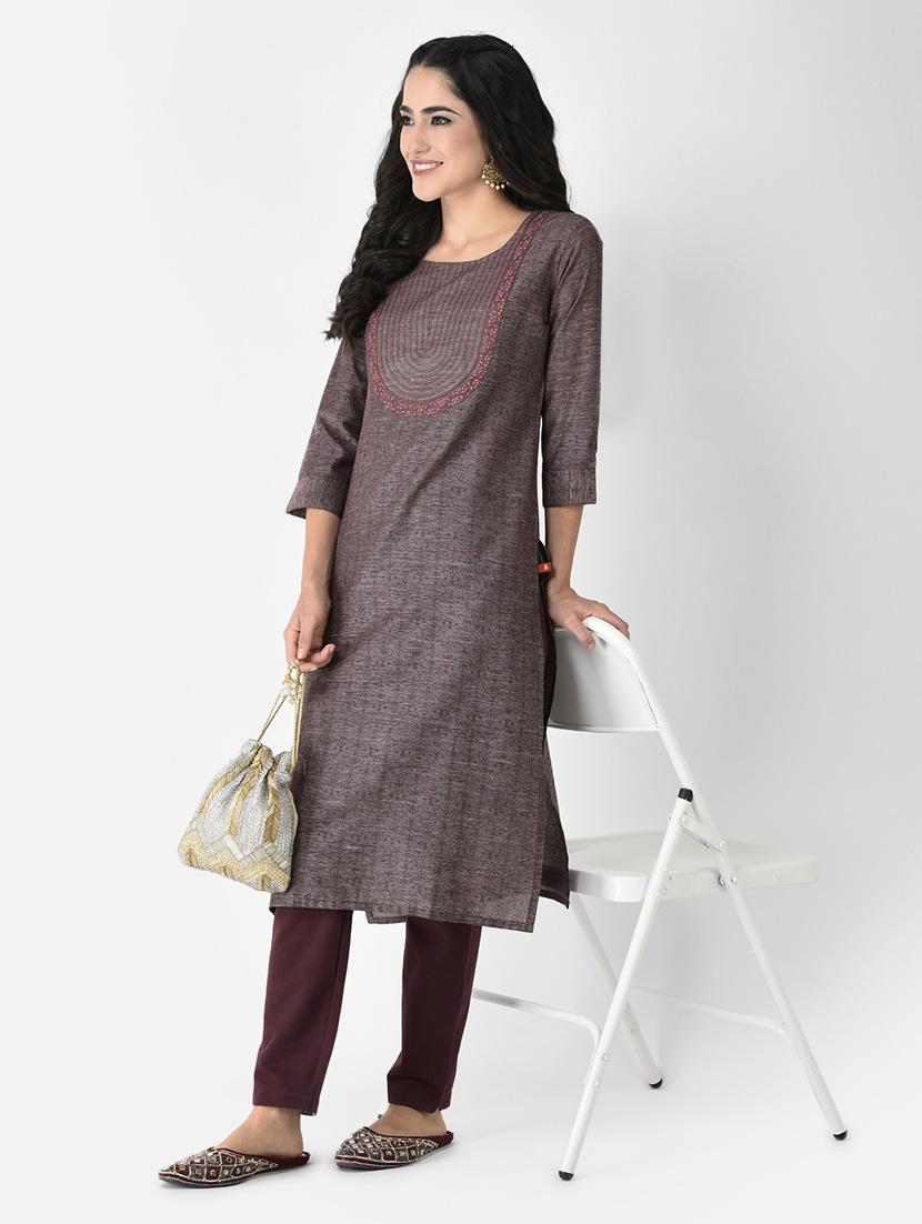 women grey round neck straight kurta - 20621704 - Standard Image - 4