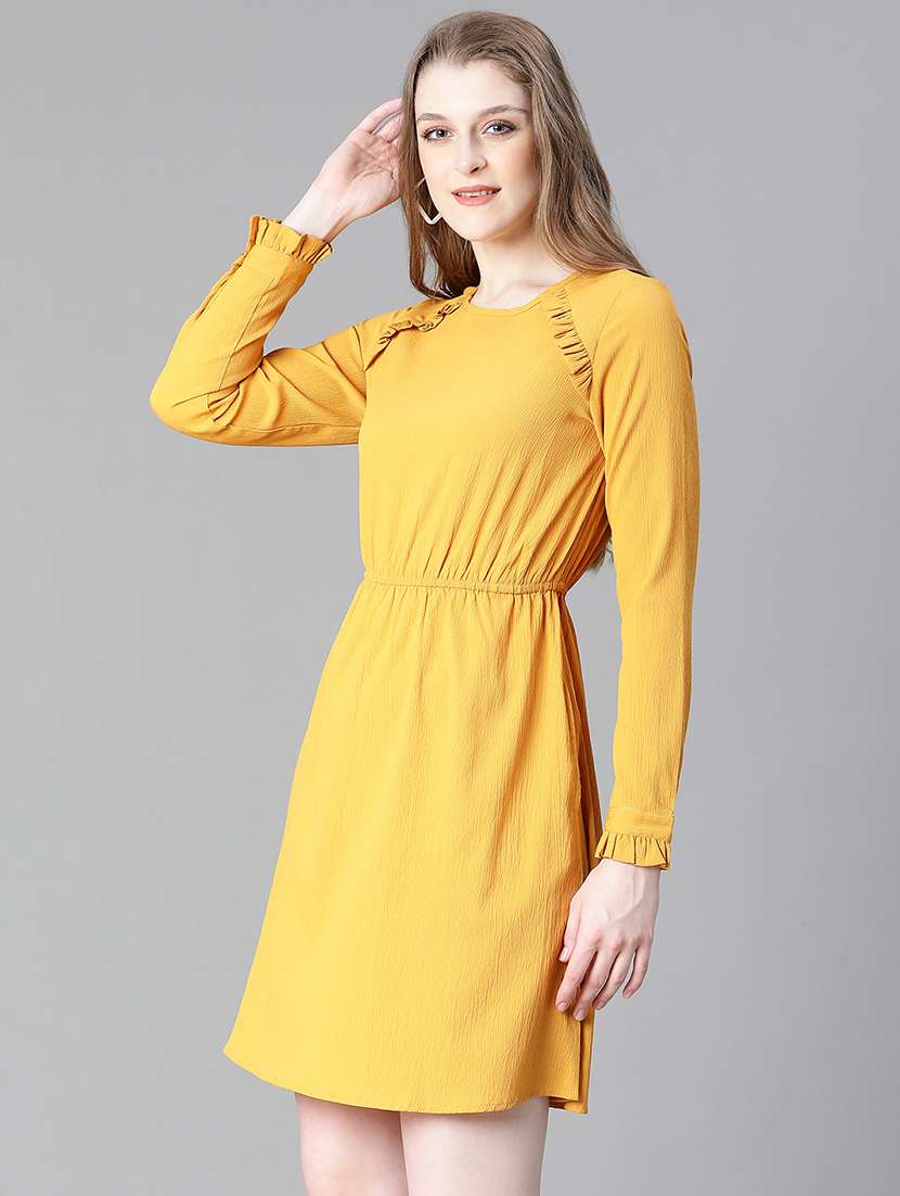 women solid yellow detailed a-line dress - 20622629 -  Standard Image - 1