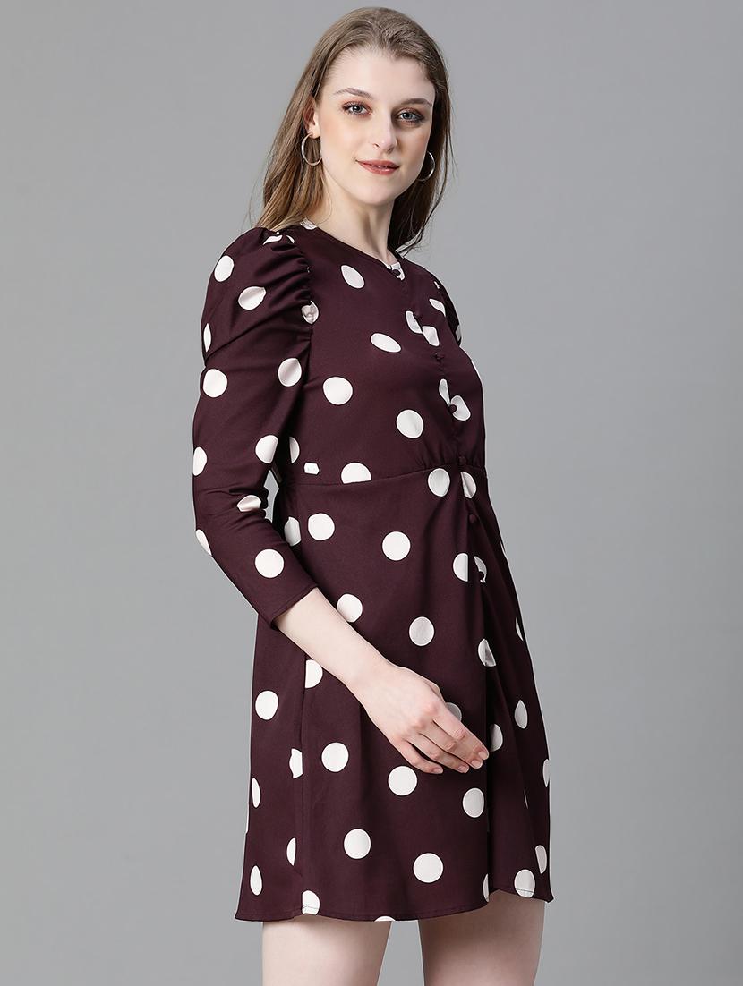 women brown polka dots printed button detailed dress - 20622636 - Standard Image - 1