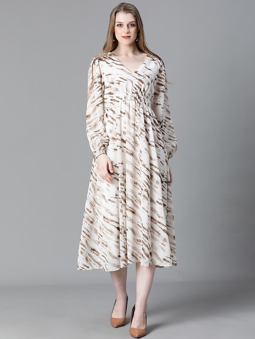 cream printed a-line midi dress