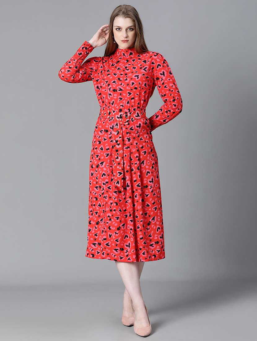 red printed a-line midi dress