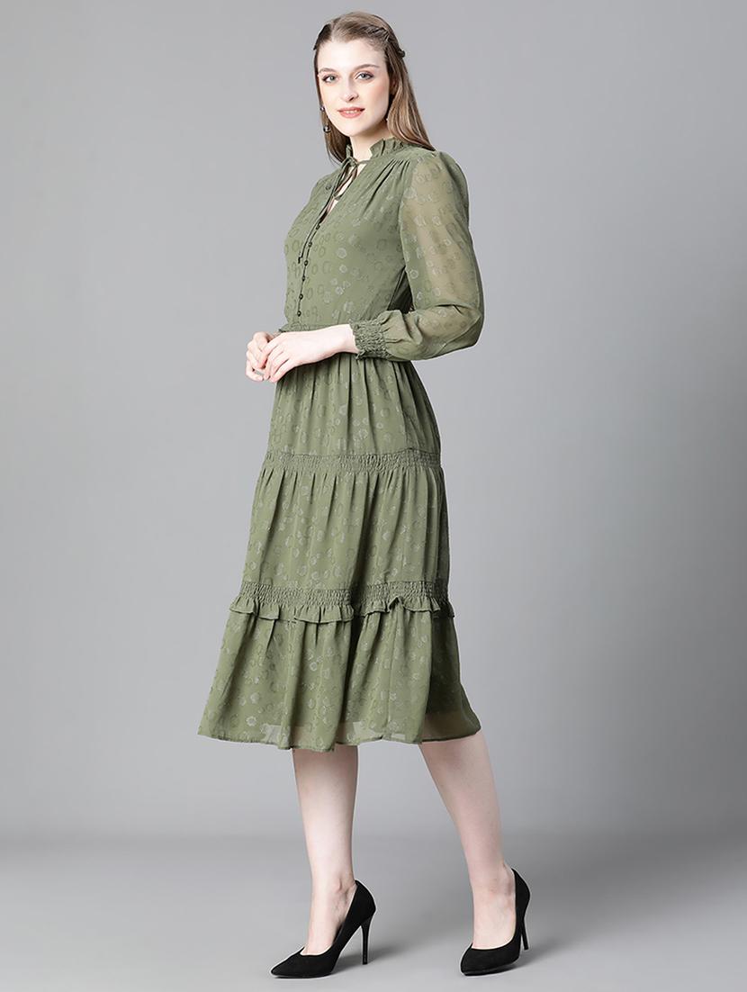 olive green self design tiered midi dress - 20622653 - Standard Image - 1