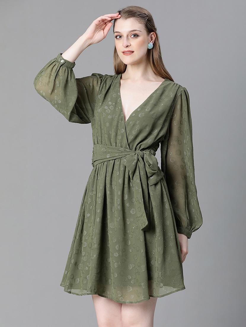olive green self design belt detailed dress - 20622655 - Standard Image - 1