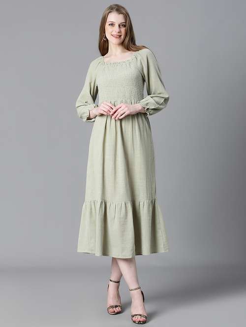 green smocked detailed a-line midi dress - 20622656 - Standard Image - 0