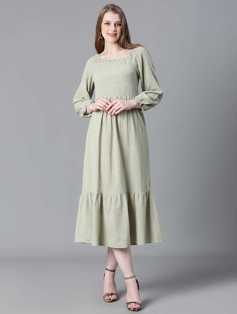 green smocked detailed a-line midi dress - 20622656 - Zoom Image - 0