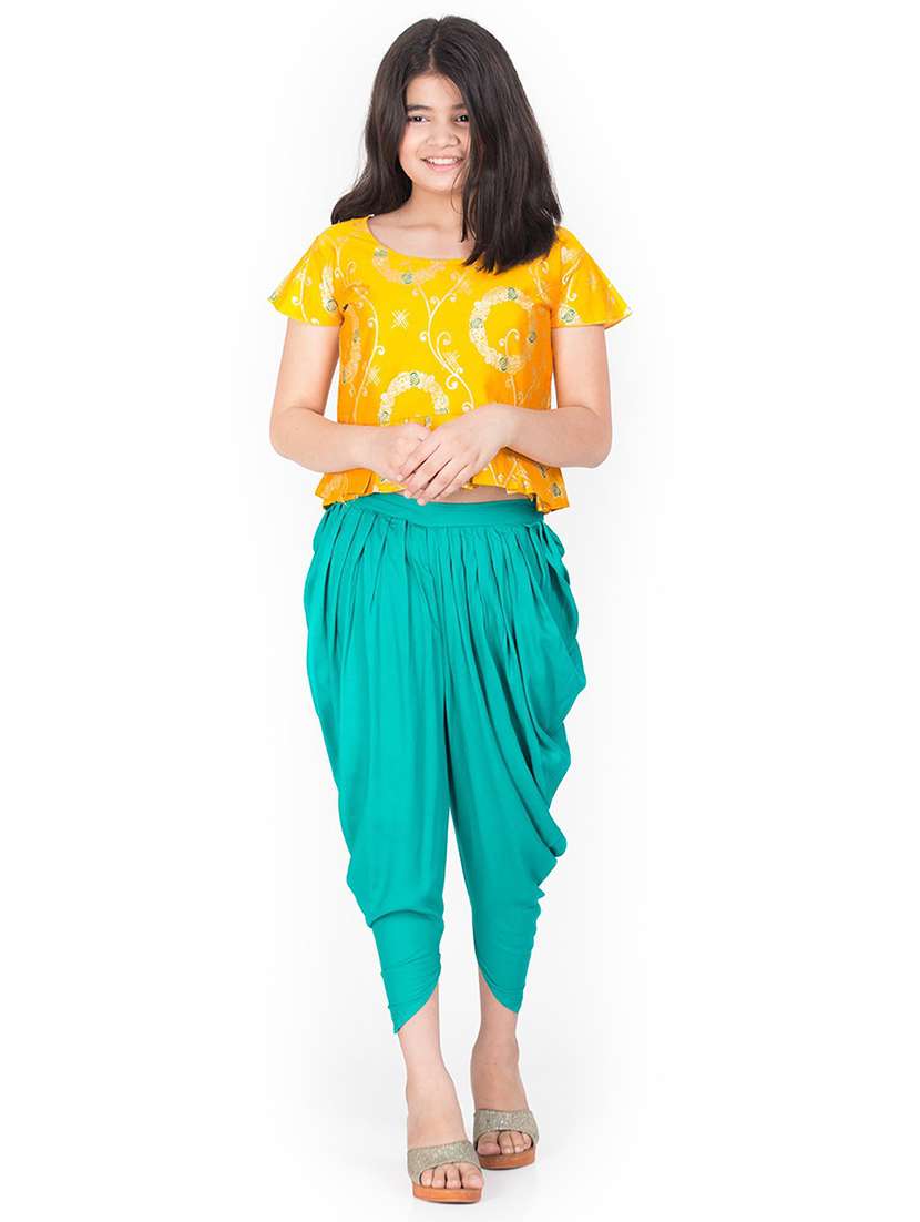girls round neck printed top & dhoti pant set 