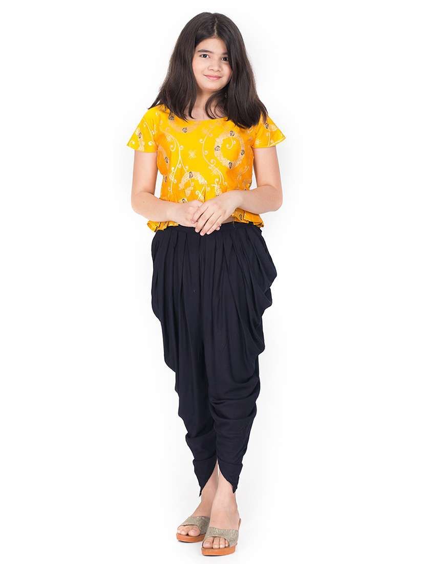 girls round neck printed top & dhoti pant set 