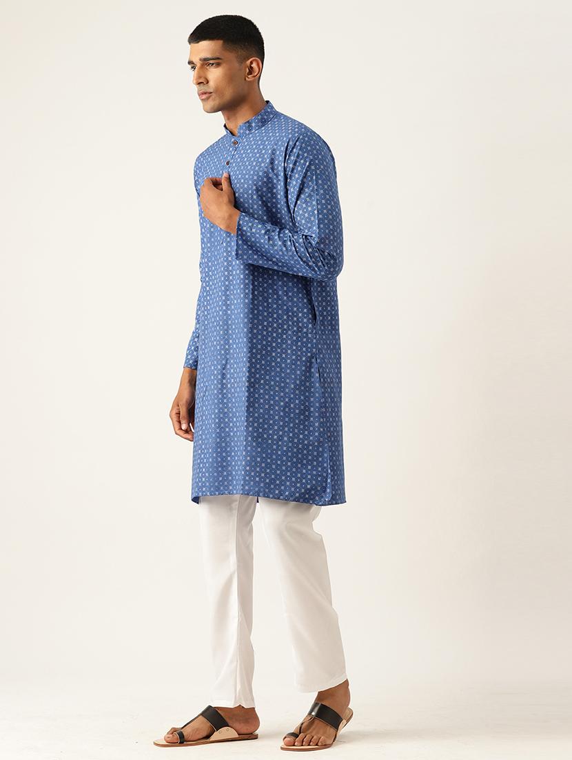 men blue & white printed kurta pyjama set - 20625332 -  Standard Image - 1