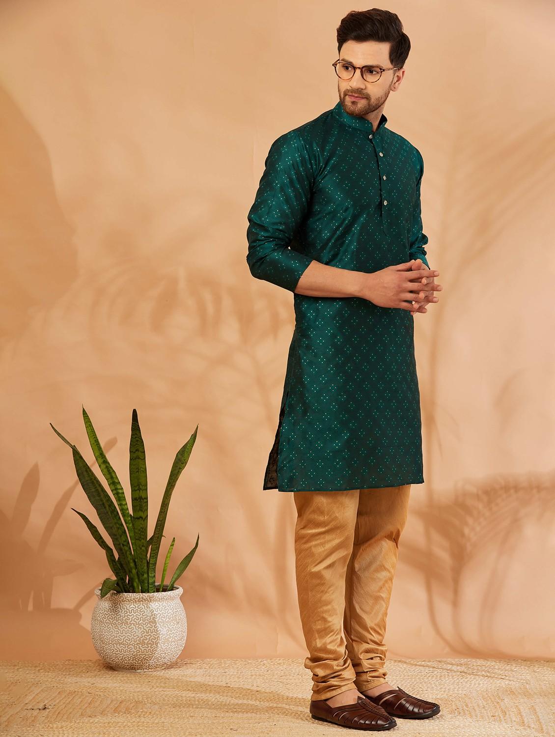 men bottle green self design kurta pyjama ethnic wear sets - 20625342 - Standard Image - 1
