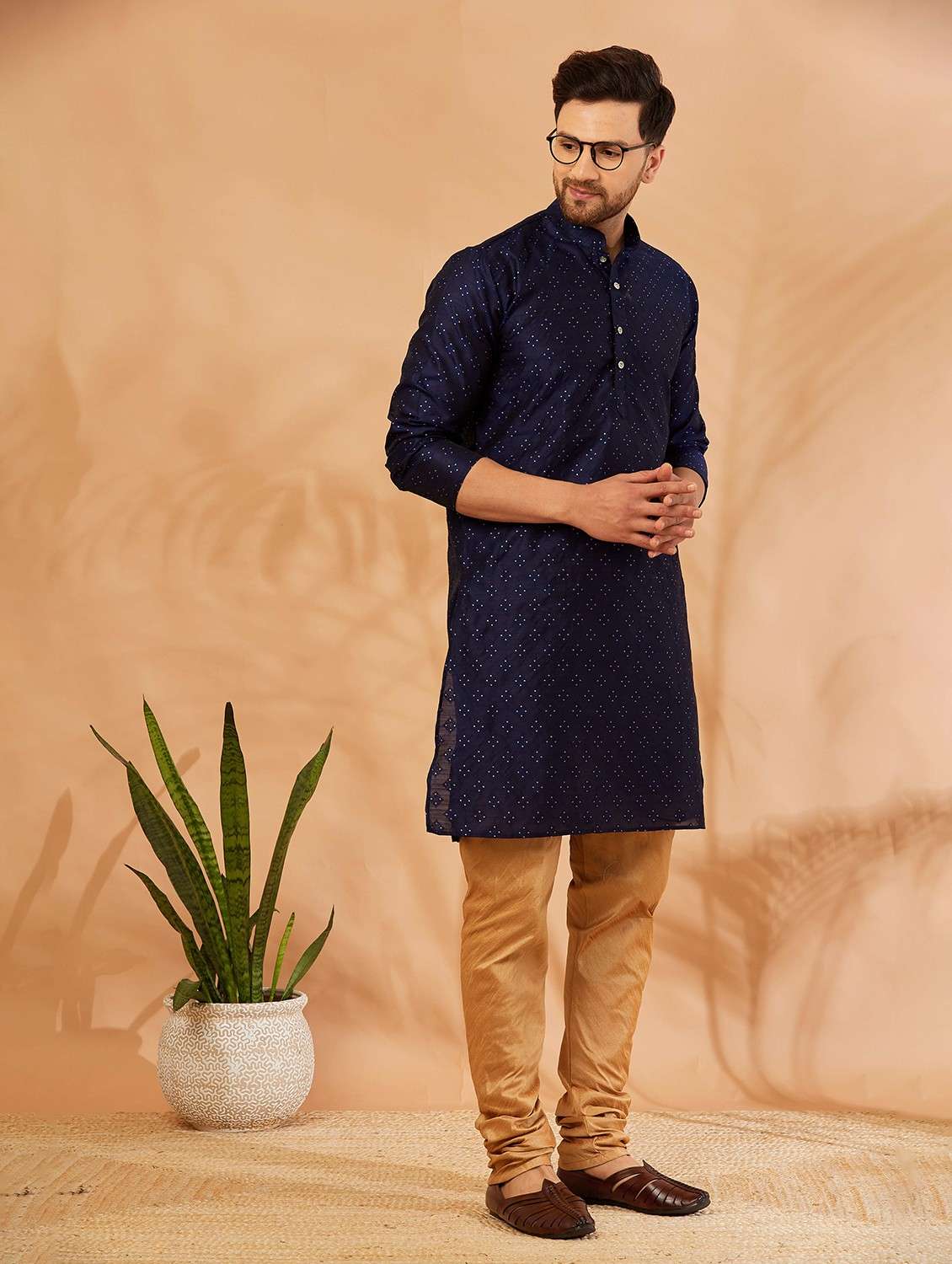 navy blue silk blend kurta pyjama ethnic wear set - 20625345 -  Standard Image - 1