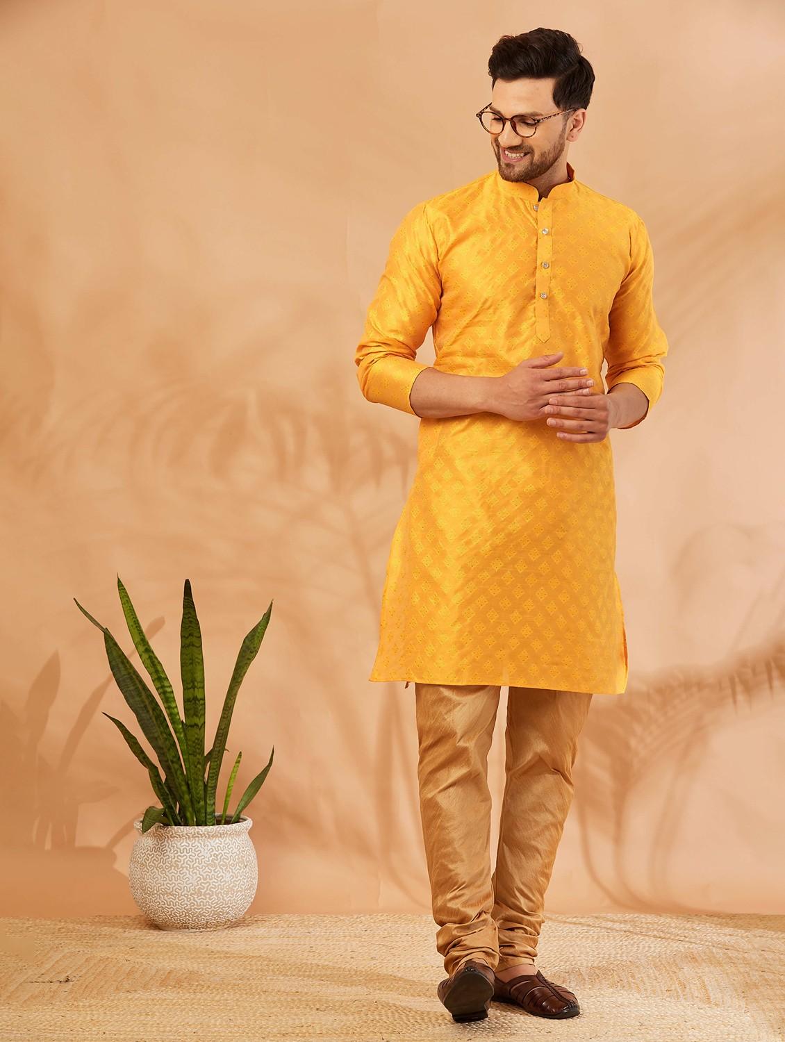 men mustard & gold self design kurta churidar set - 20625346 - Standard Image - 1