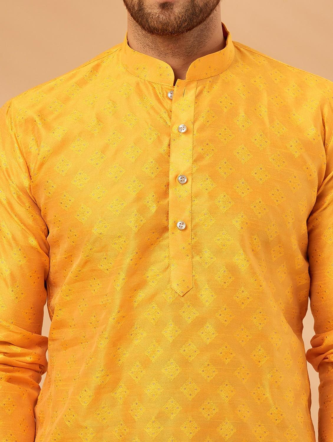 men mustard & gold self design kurta churidar set - 20625346 - Standard Image - 4