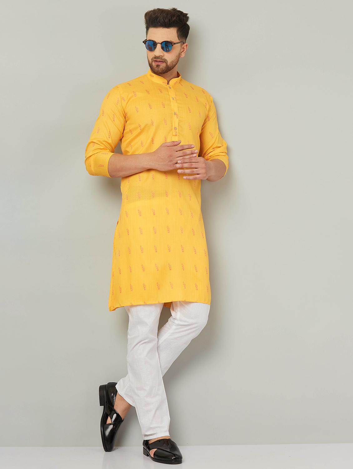 men yellow & white printed kurta pyjama set - 20625354 - Standard Image - 1