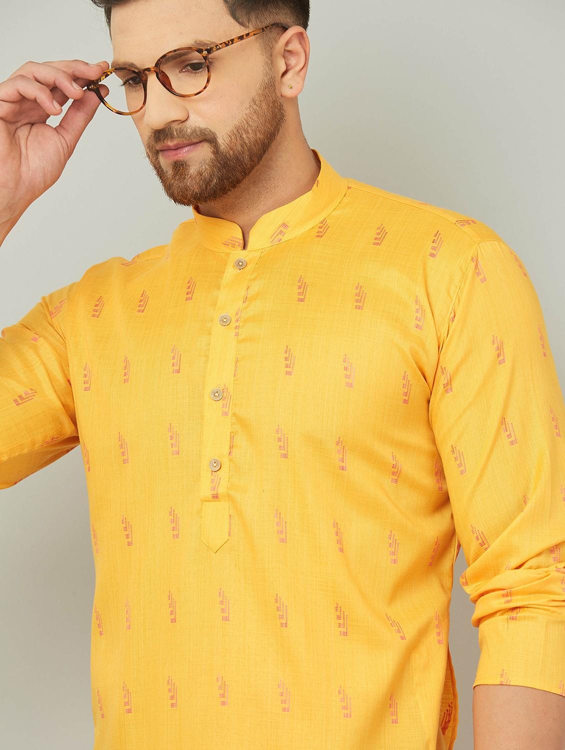 men yellow & white printed kurta pyjama set - 20625354 - Standard Image - 4