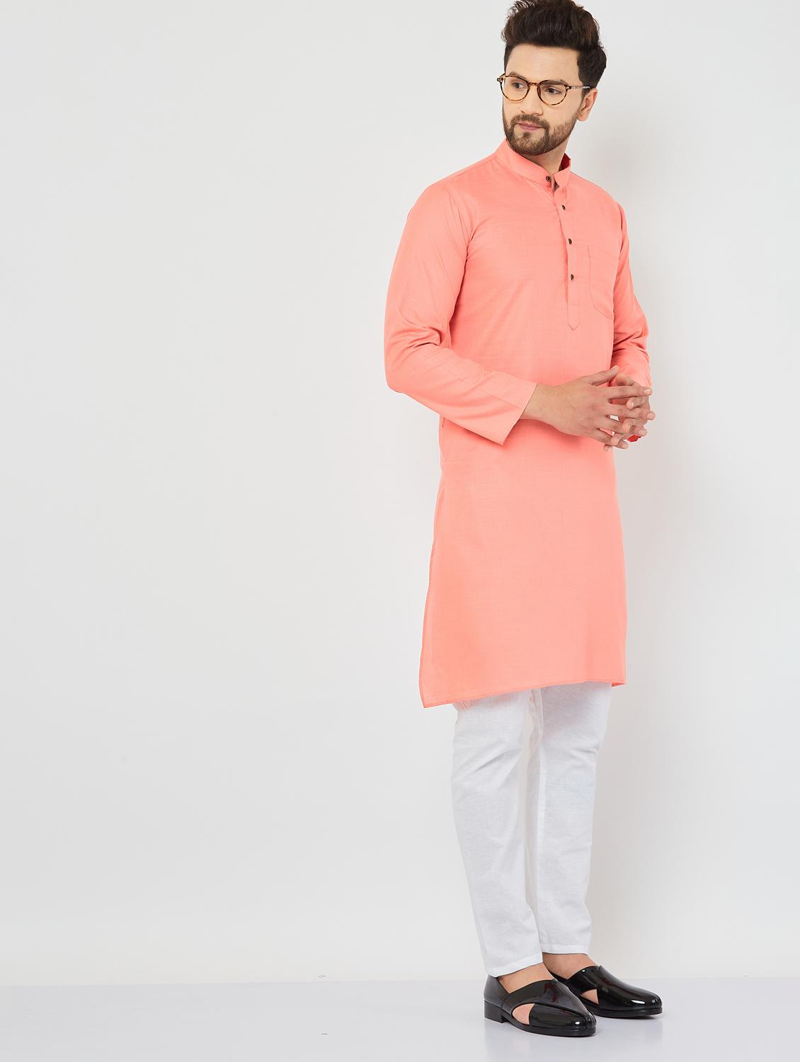 men light coral & white solid kurta pyjama set - 20625359 - Standard Image - 1