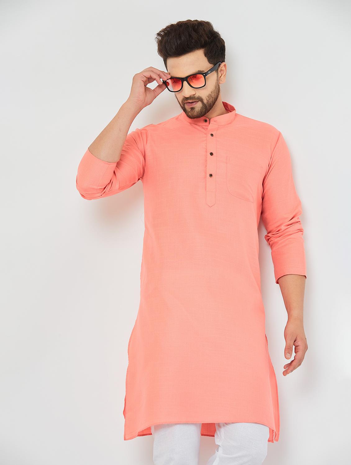 men light coral & white solid kurta pyjama set - 20625359 - Standard Image - 4