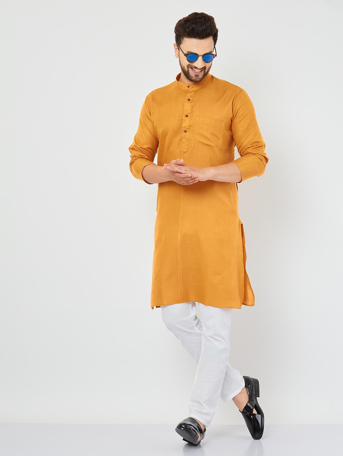 men mustard & white solid kurta pyjama set - 20625367 - Standard Image - 1